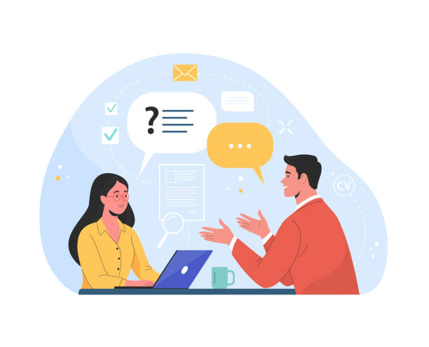 Vector flat modern illustration of a man talking to a young woman with laptop. Isolated on background